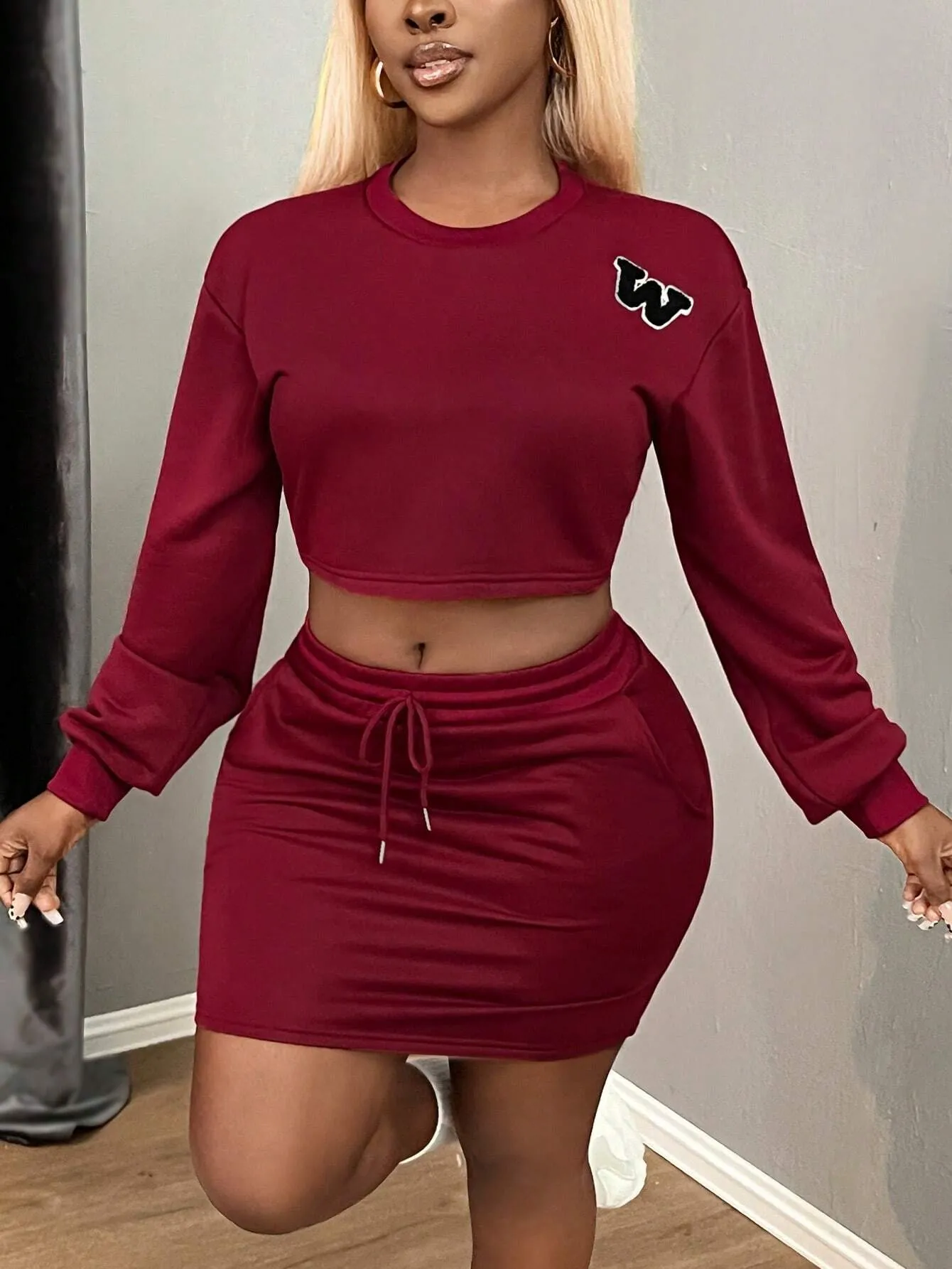 2 Piece Women Casual Homewear Sweatshirt And Mini Skirt Set, Autumn