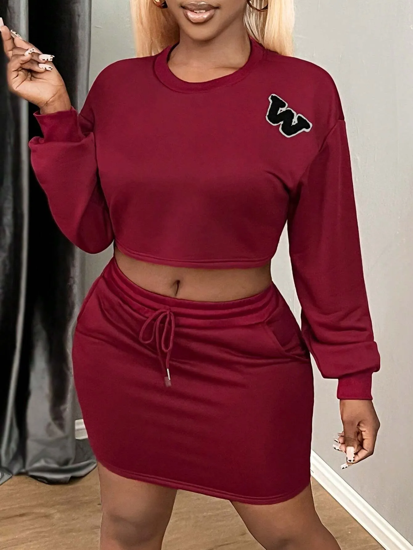 2 Piece Women Casual Homewear Sweatshirt And Mini Skirt Set, Autumn