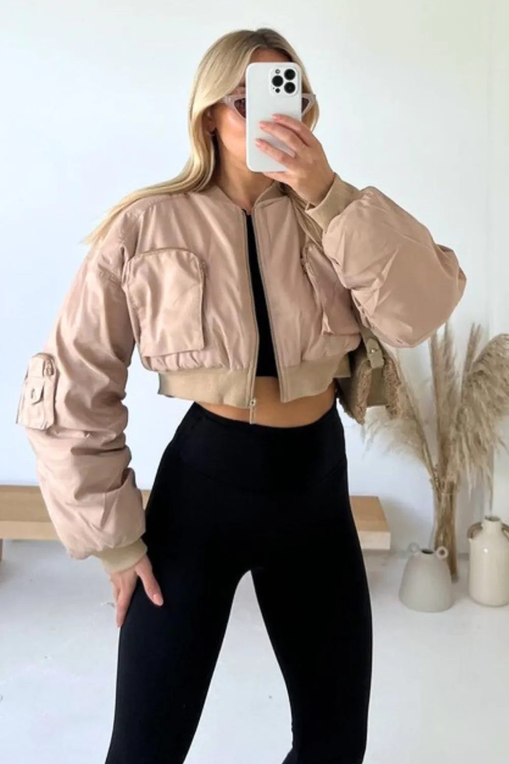 Abigail beige cropped cargo bomber jacket