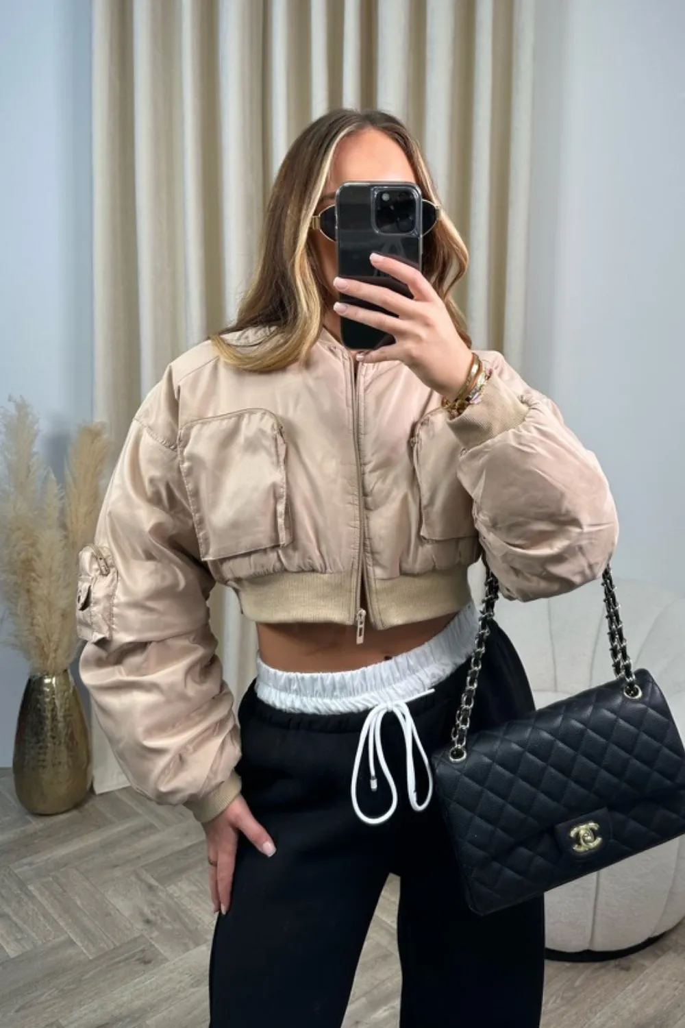 Abigail beige cropped cargo bomber jacket