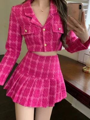 Aiertu Fall Small Fragrance Vintage Tweed Two Piece Set Women Crop Top Woolen Short Jacket Coat   Mini Skirts Sets Sweet 2 Piece Suits