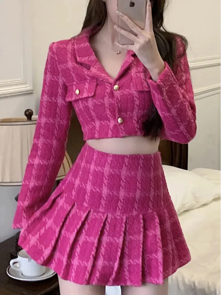 Aiertu Fall Small Fragrance Vintage Tweed Two Piece Set Women Crop Top Woolen Short Jacket Coat   Mini Skirts Sets Sweet 2 Piece Suits