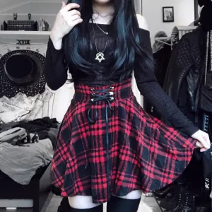 Alternative Goth 'Army of Darkness' Grunge Black and Red Lace Up Plaid Skirt