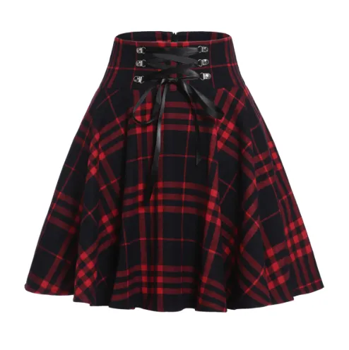 Alternative Goth 'Army of Darkness' Grunge Black and Red Lace Up Plaid Skirt