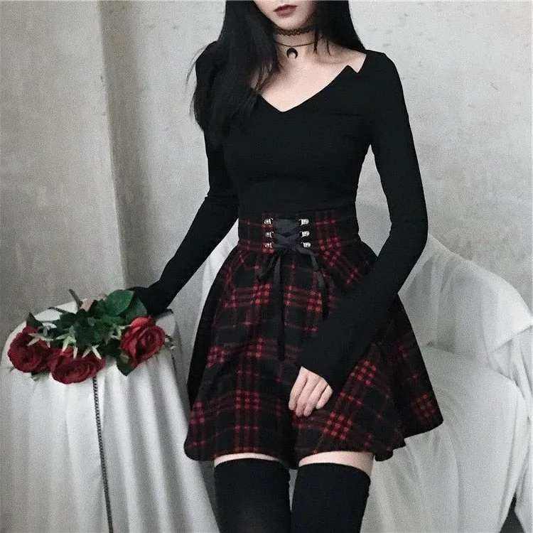 Alternative Goth 'Army of Darkness' Grunge Black and Red Lace Up Plaid Skirt