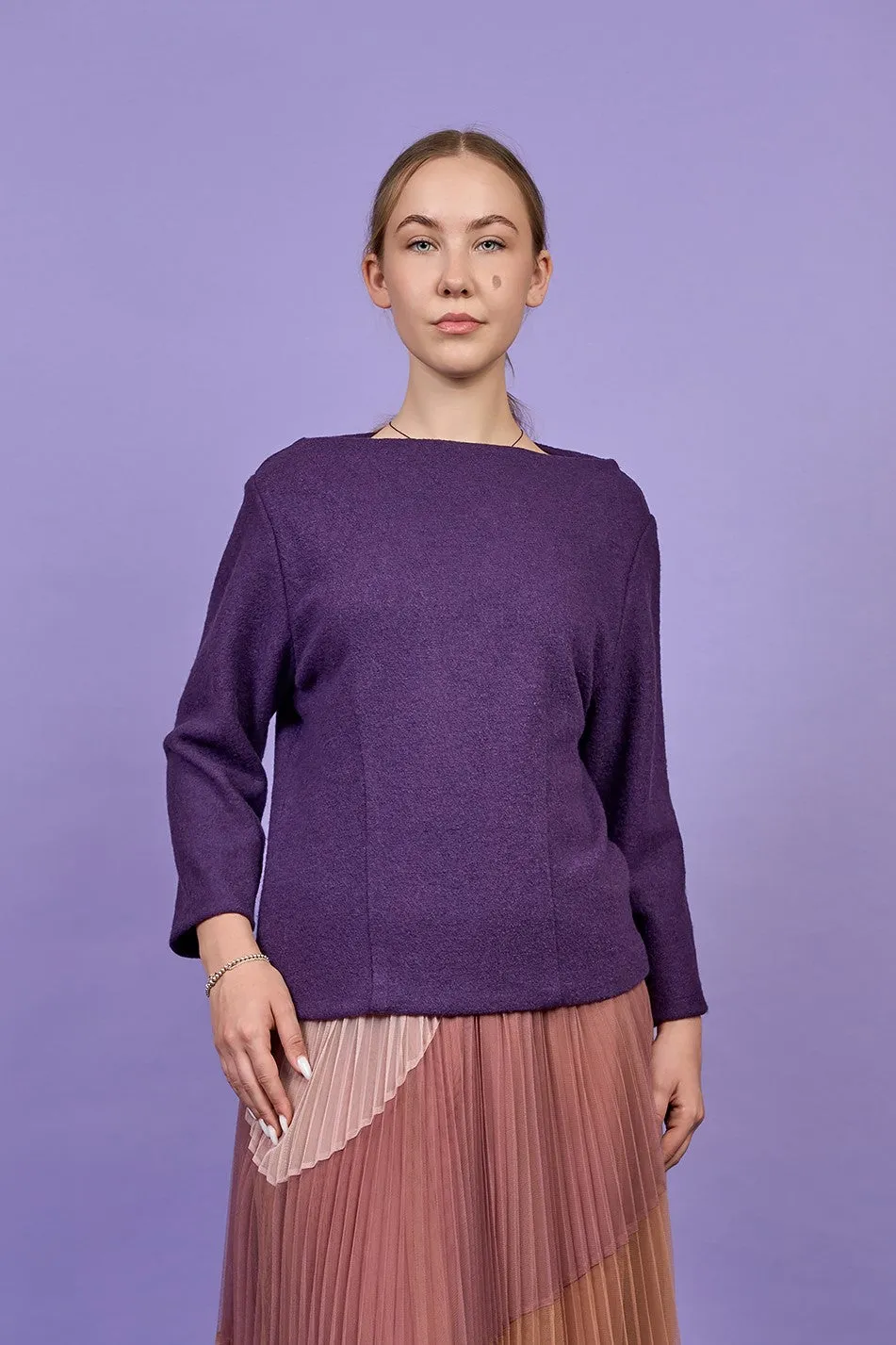 AUDREY Boat Neck Stretch Boiled Tweed Virgin Wool Tailored Pullover