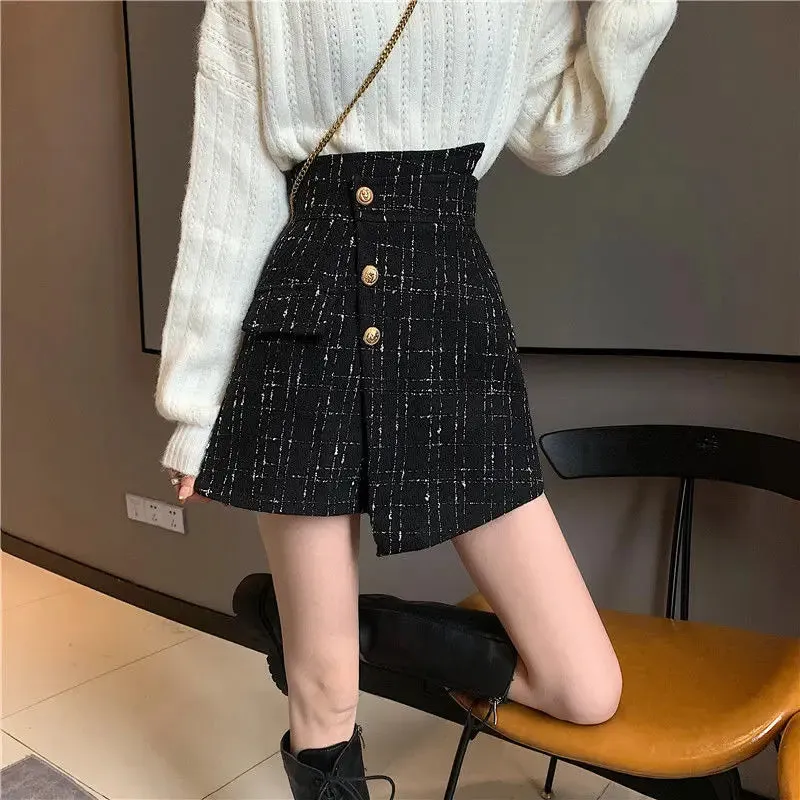 Autumn 2024 Classic Woolen Plaid Mini Shorts High Waist Skirt Shorts