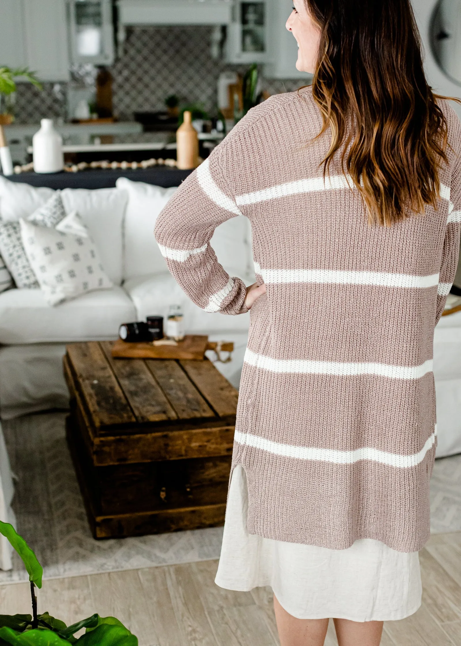 Basic Striped Light Weight Mocha Cardigan - FINAL SALE