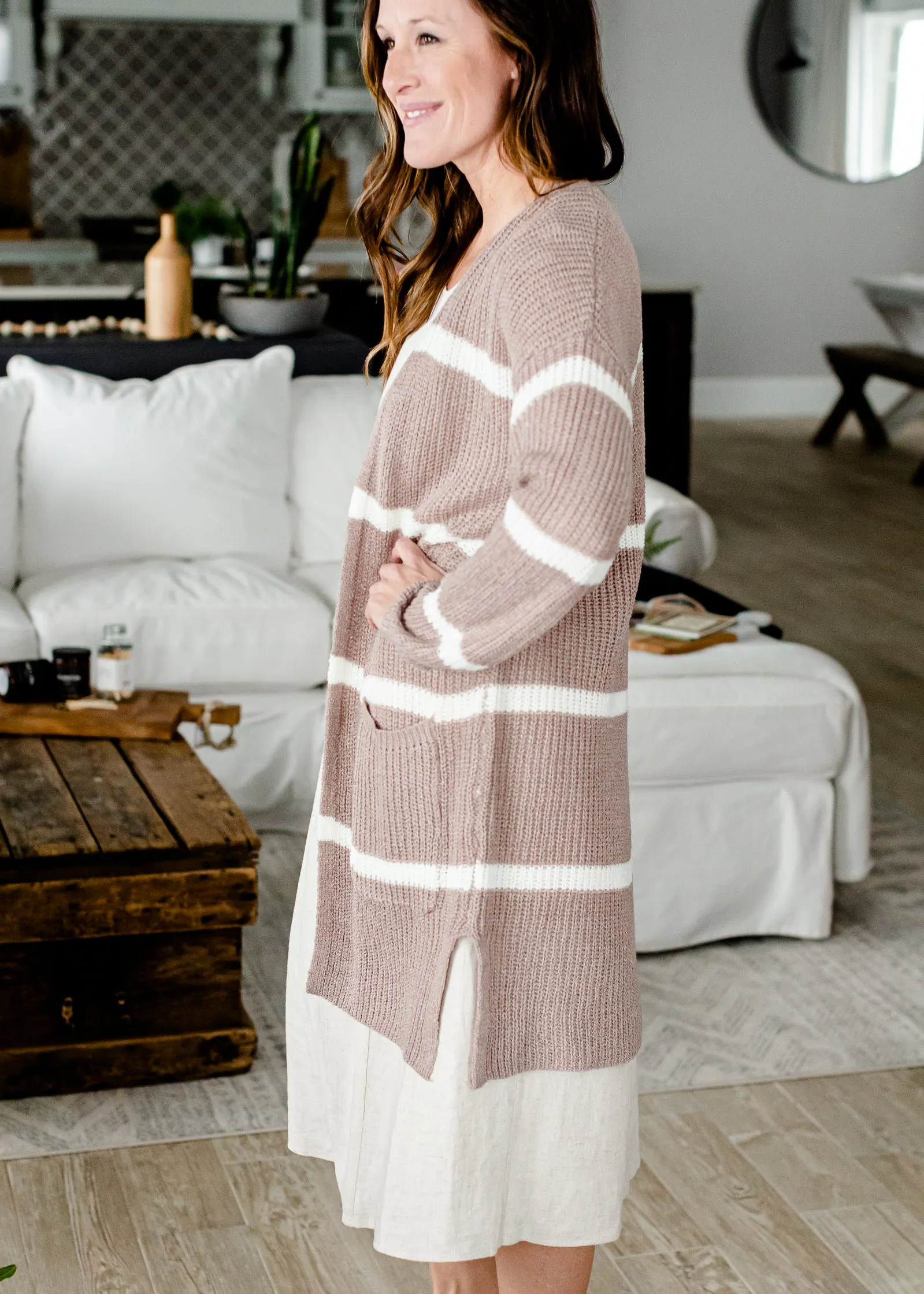 Basic Striped Light Weight Mocha Cardigan - FINAL SALE