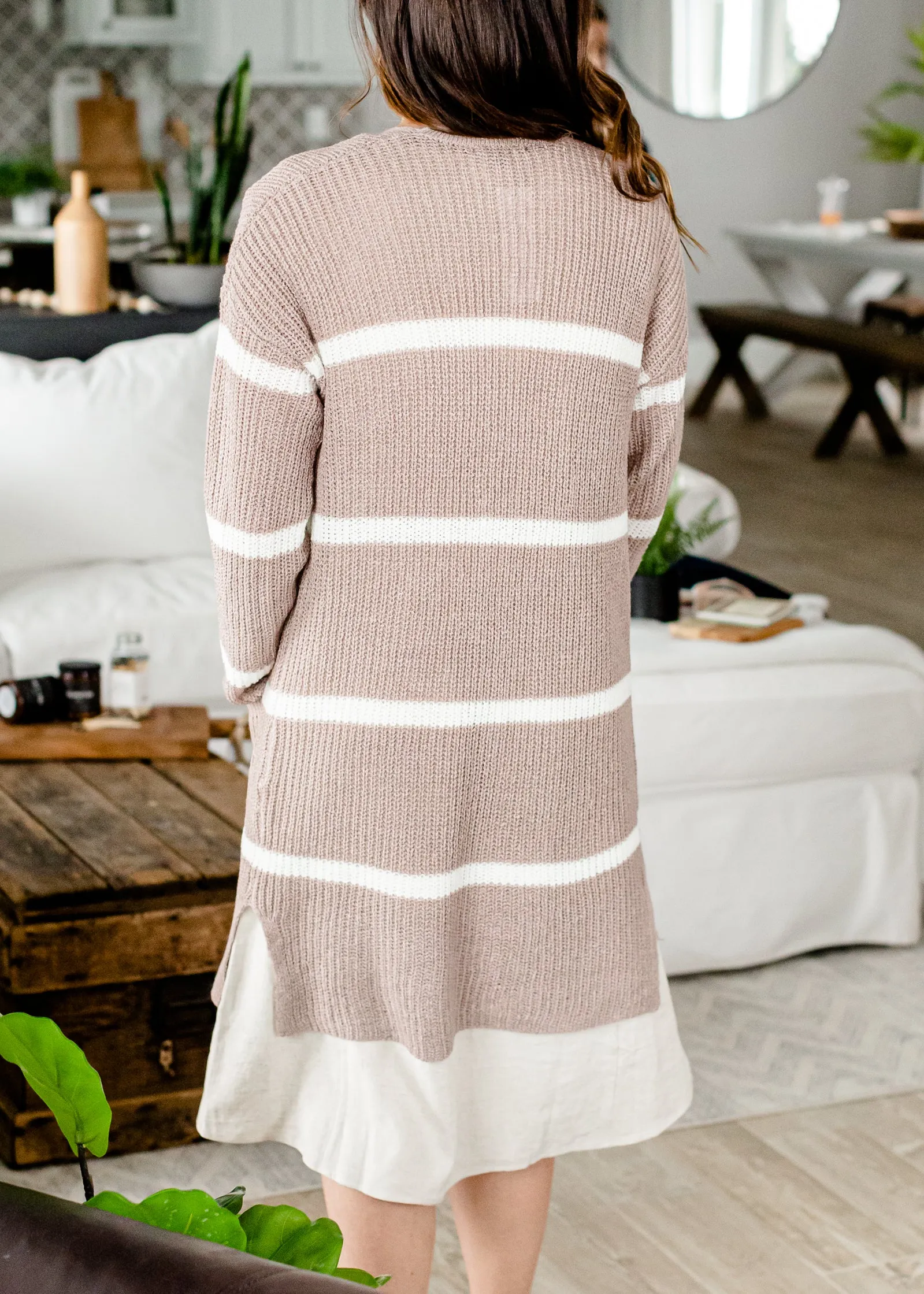 Basic Striped Light Weight Mocha Cardigan - FINAL SALE