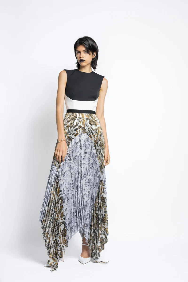 Bay Leaf Jacquard Pleated Skirt With Handkerchief Hem