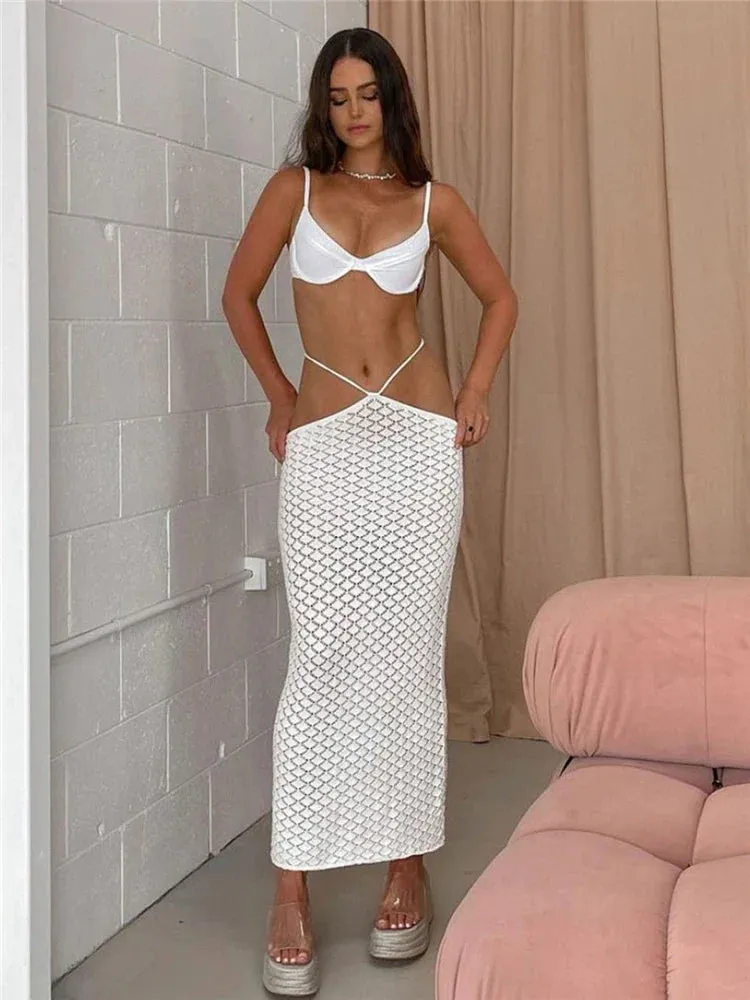 Beach See Through Waist White Knitted Pencil Skirt