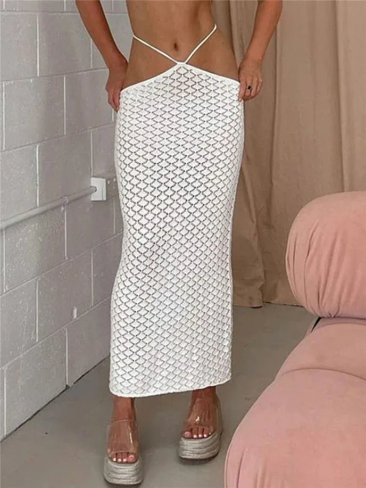 Beach See Through Waist White Knitted Pencil Skirt