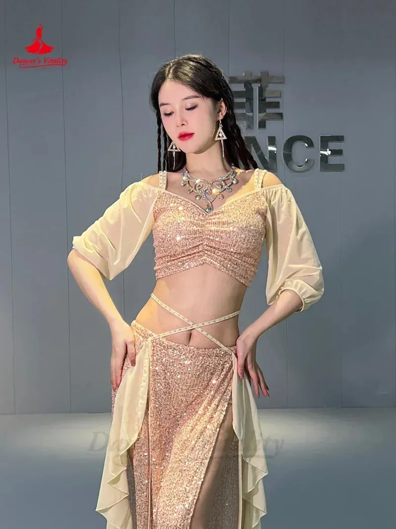 Belly Dance Costume Set for Women Short Sleeves Top split Long Skirt 2pcs Oriental Professional Set Belly Dancing Wear Outfit