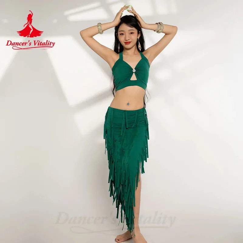 Belly Dance Costume Suit for Women Cotton Top tassel Skirt 2pcs Oriental Belly Dancing Performance Professional Costumes Set