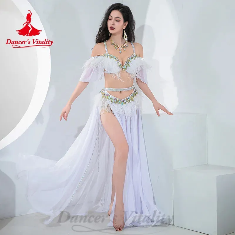 BellyDance Costumes Suit Customized AB Stones Bra Chiffon Split Long Skirt 2pcs Oriental Dance Professional Performance Clothing