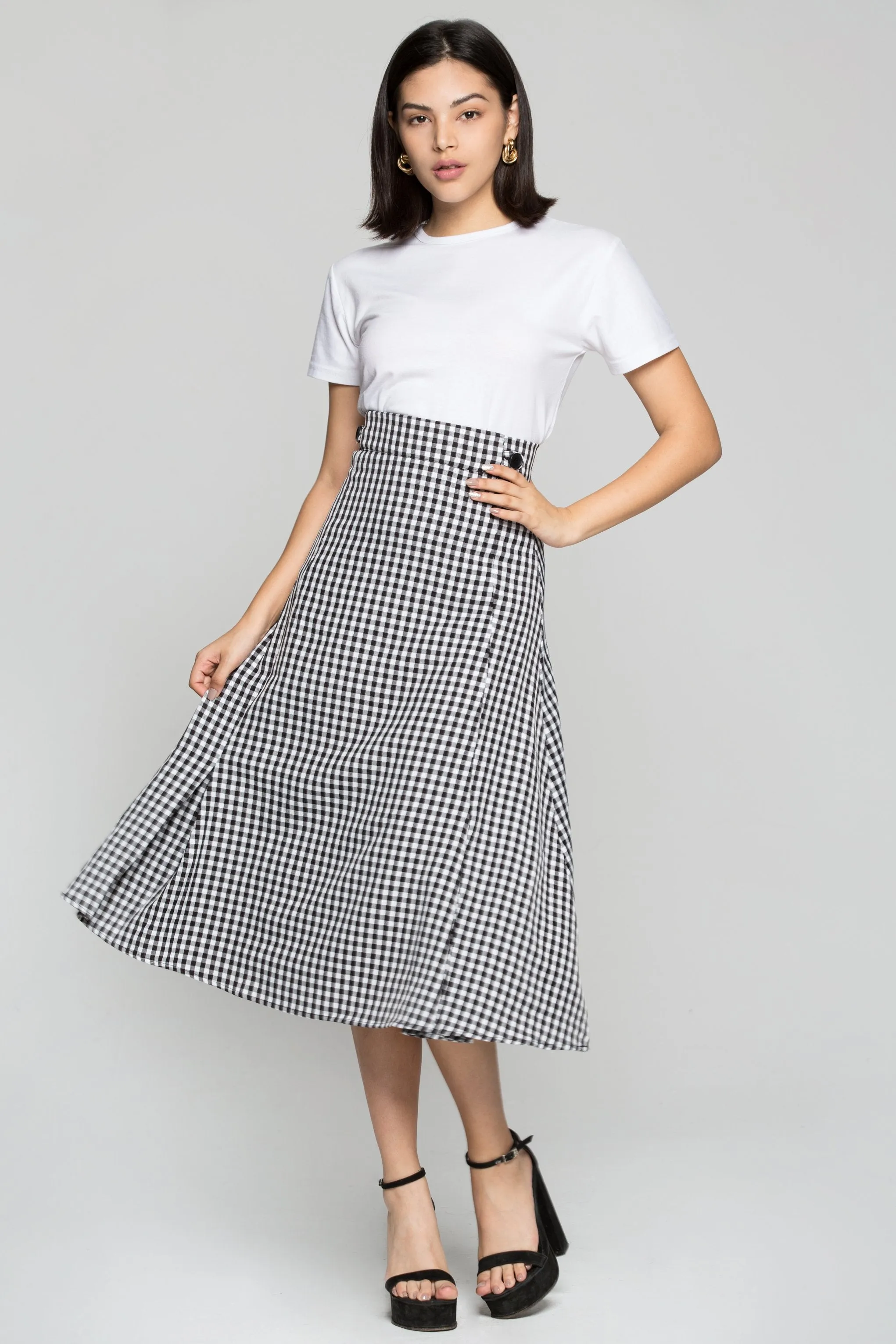 Black and White Check with Pleats Pencil Skirt