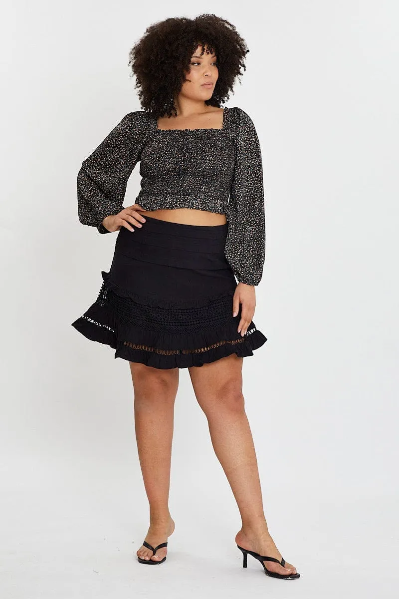 Black Cotton Blend Frill Hem Skater Skirt