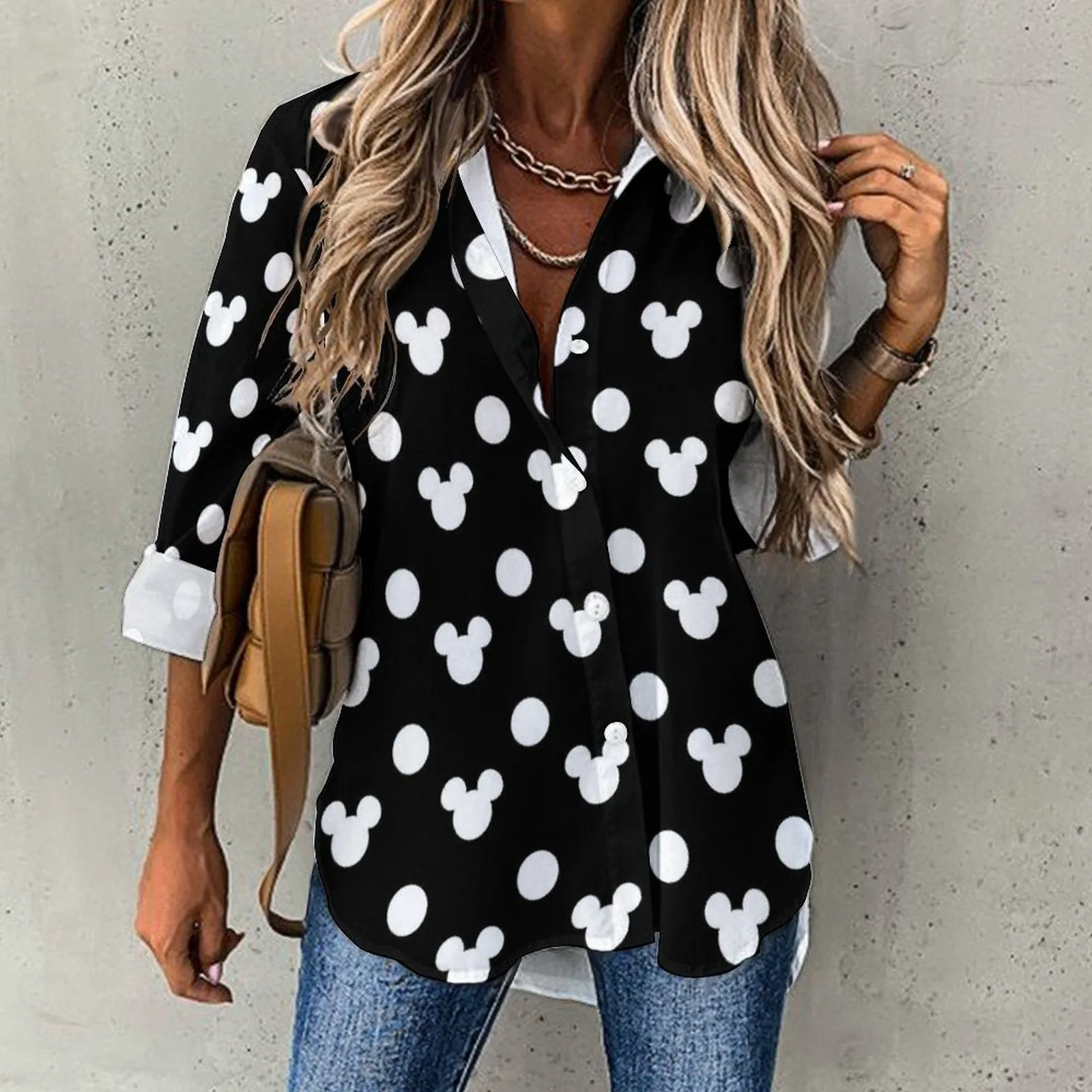 Black With White Mickey Polka Dots Long Sleeve Button Up Blouse