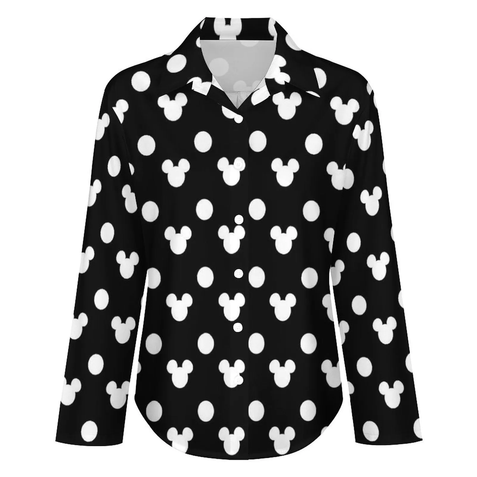 Black With White Mickey Polka Dots Long Sleeve Button Up Blouse