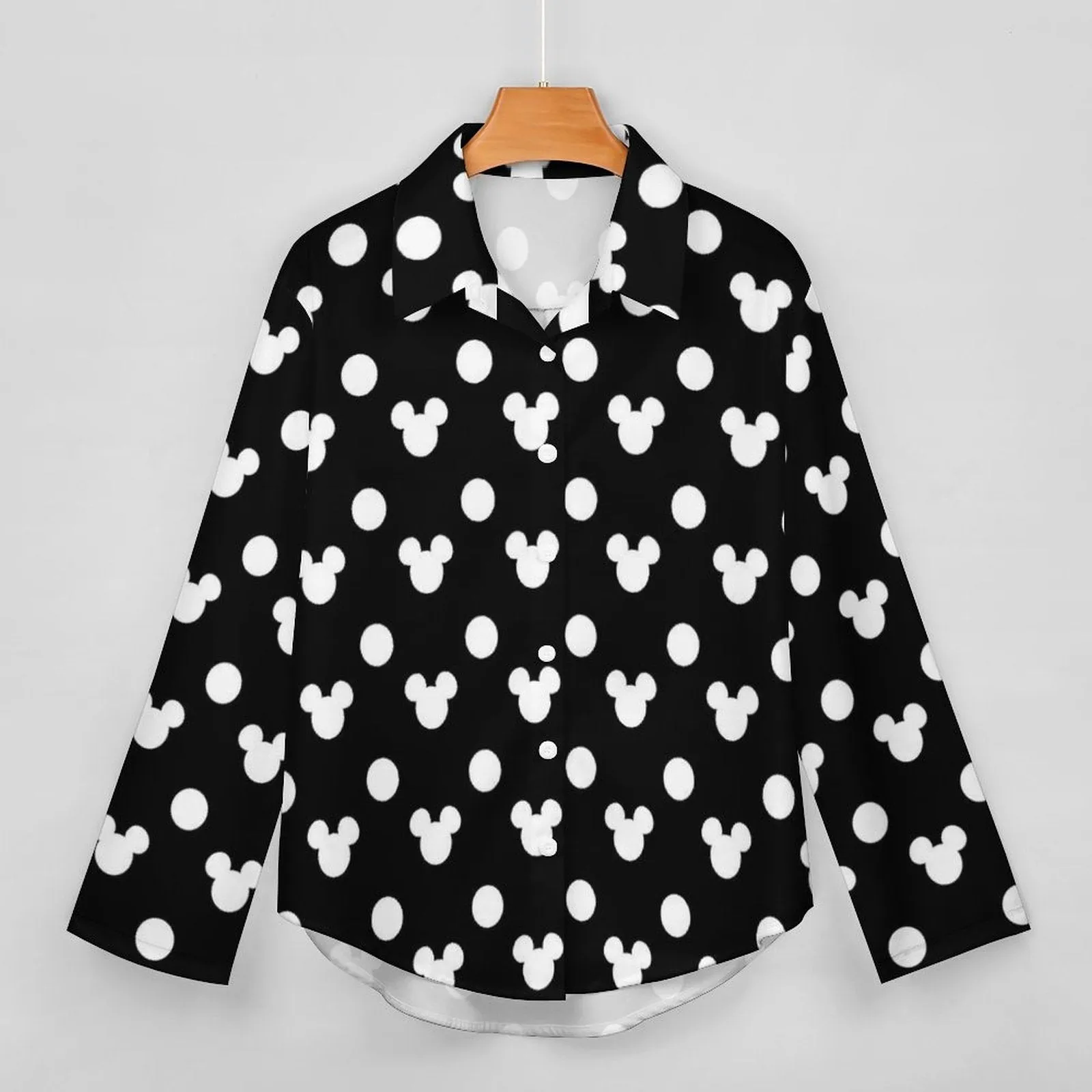 Black With White Mickey Polka Dots Long Sleeve Button Up Blouse