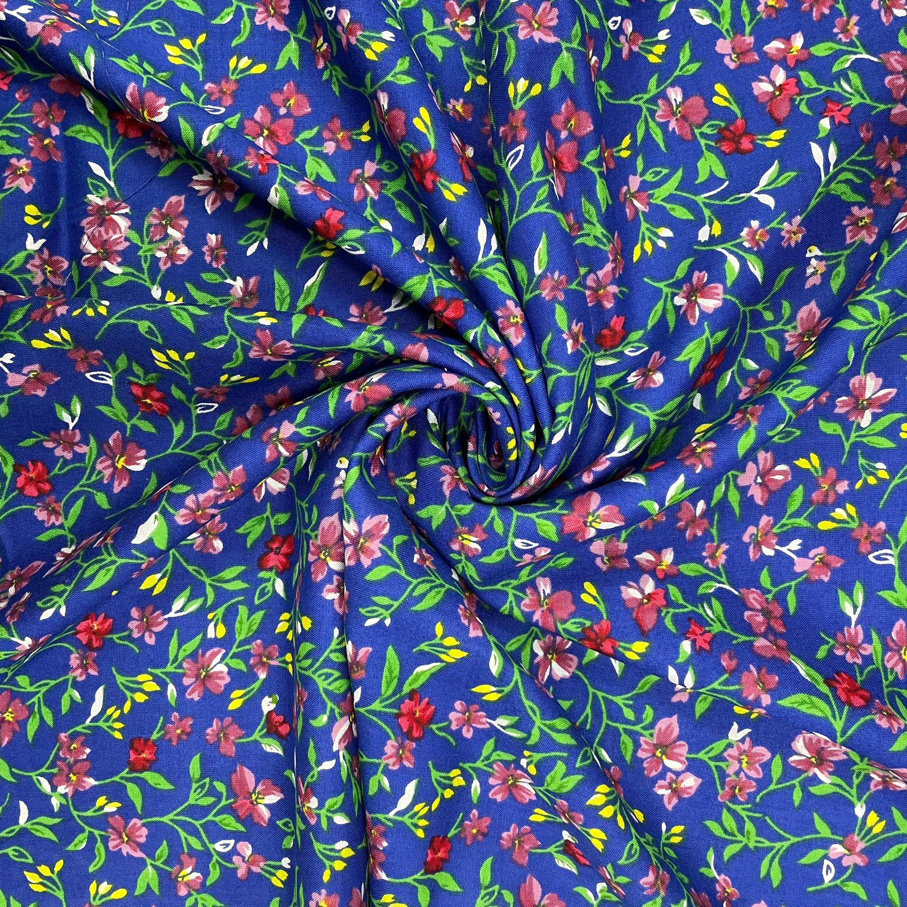 Blue With Green Floral Print Rayon Fabric