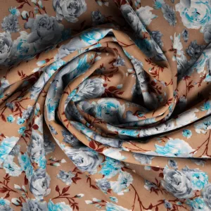 Brown & Sky-Blue Floral Print Rayon Fabric