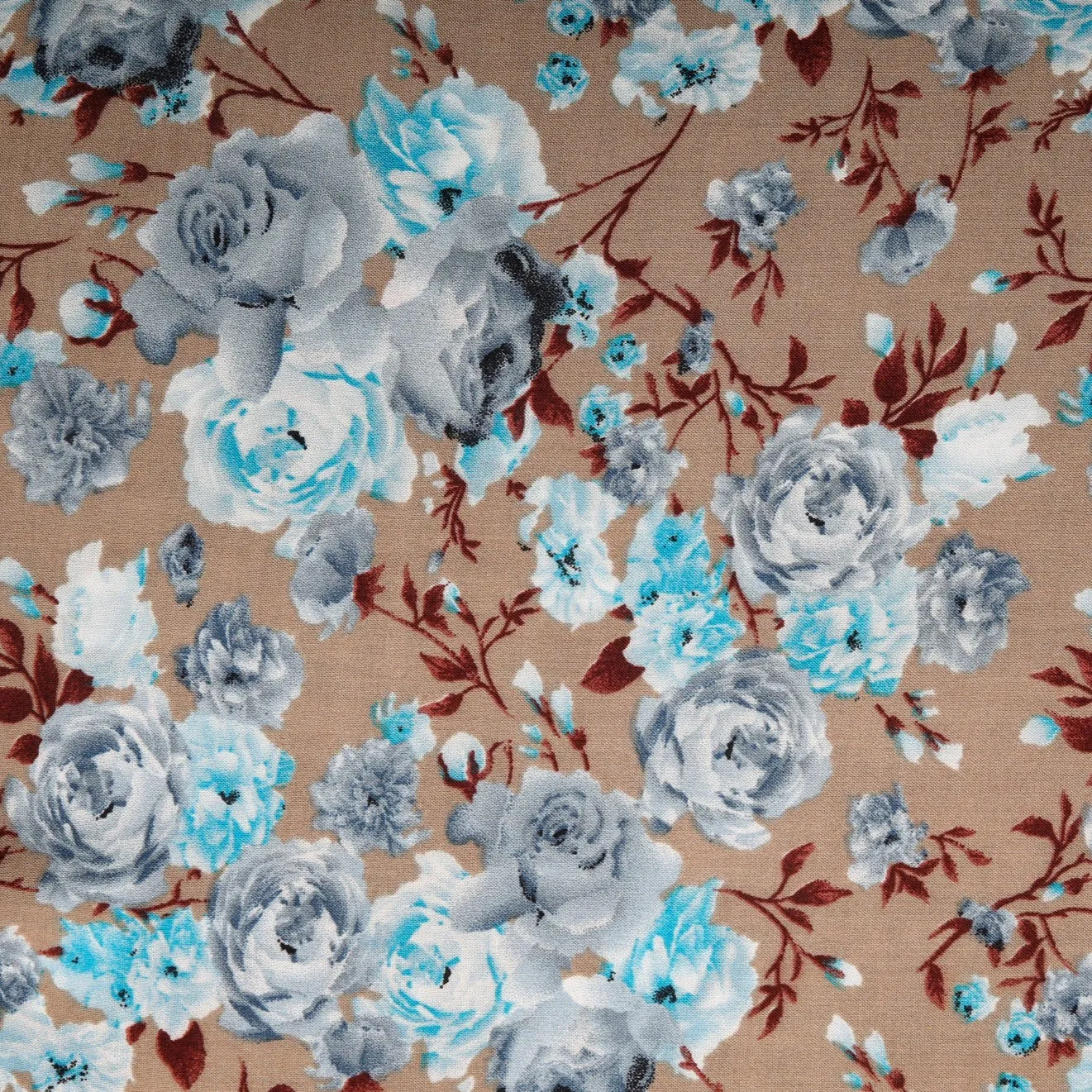 Brown & Sky-Blue Floral Print Rayon Fabric