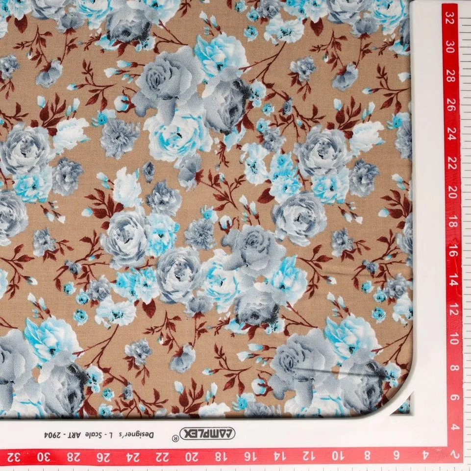 Brown & Sky-Blue Floral Print Rayon Fabric