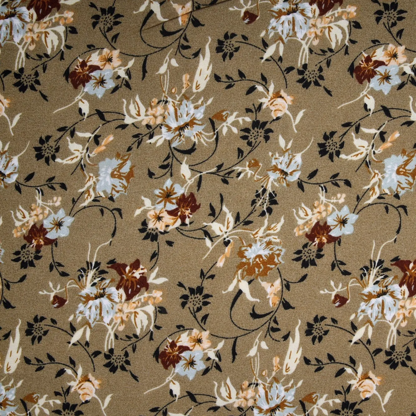 Brown & White Floral Print Rayon Fabric , Plain Weave, TU 4020-2