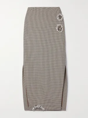 Brown crystal-embellished cutout houndstooth wool midi skirt