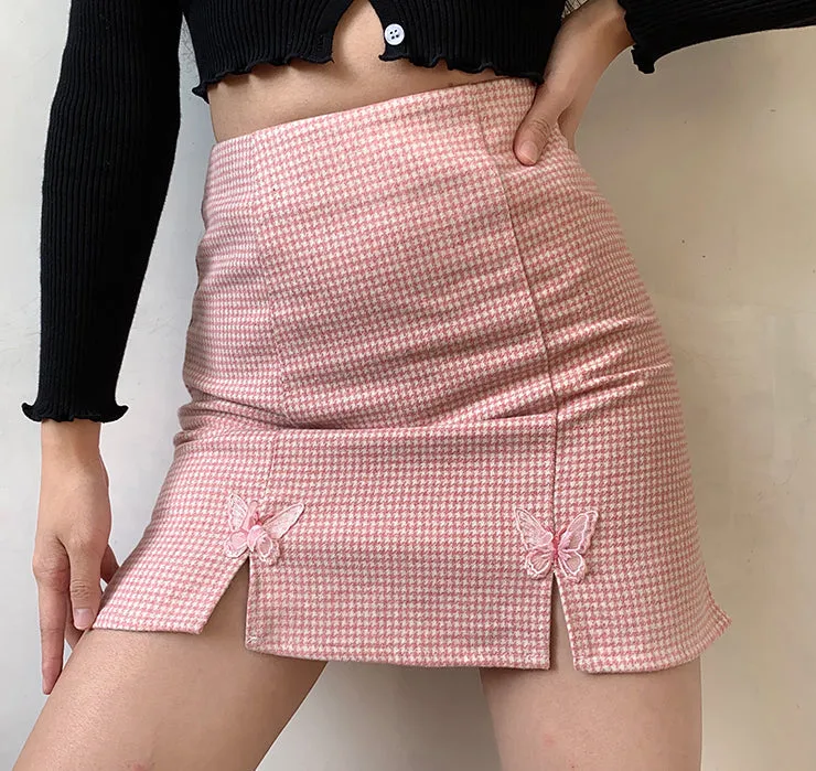 Butterfly Houndstooth Split Skirt