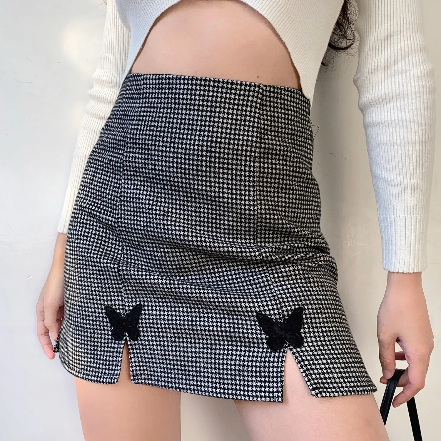 Butterfly Houndstooth Split Skirt