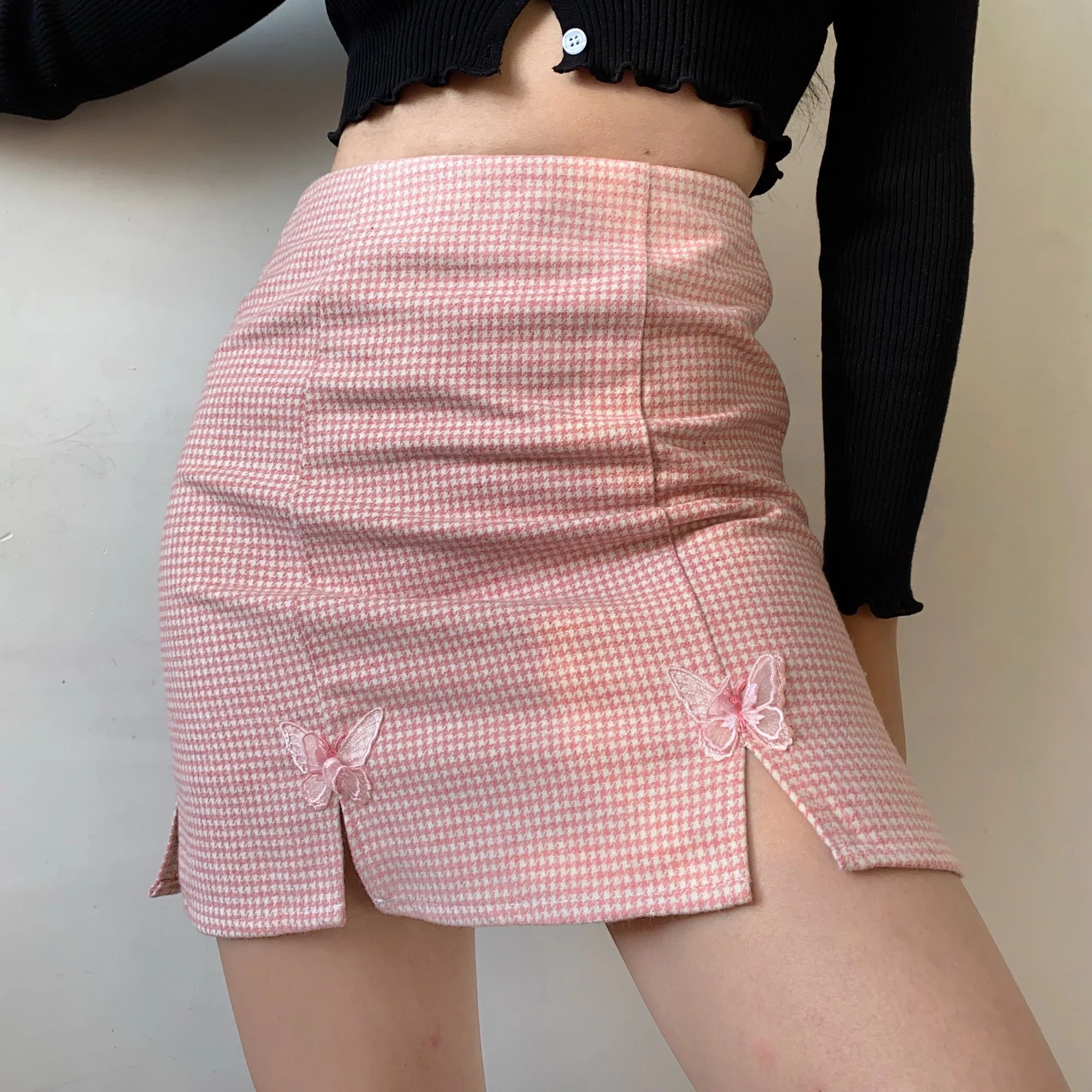 Butterfly Houndstooth Split Skirt