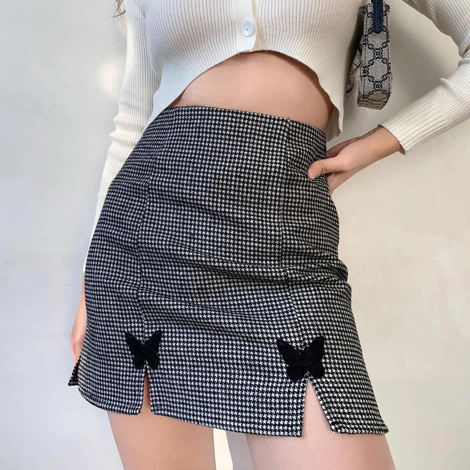 Butterfly Houndstooth Split Skirt