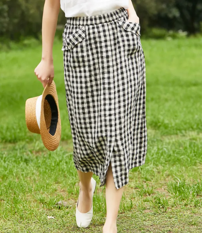 Checked Women's Skirts Summer Linen Skirt Elastic Waist SJ09755