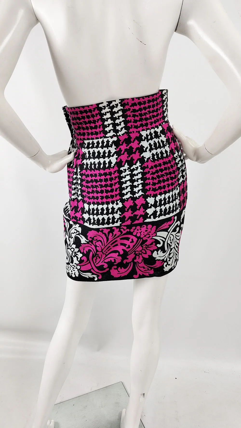 Christian Lacroix Vintage Black, Fuchsia & White Houndstooth Skirt, 1990s