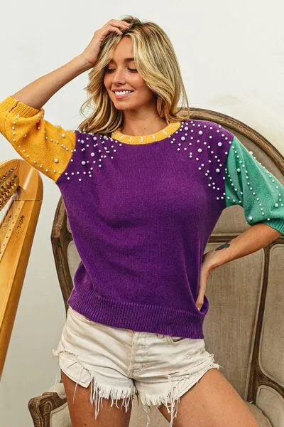 Color Block Pearl Detail Round Neck Sweater