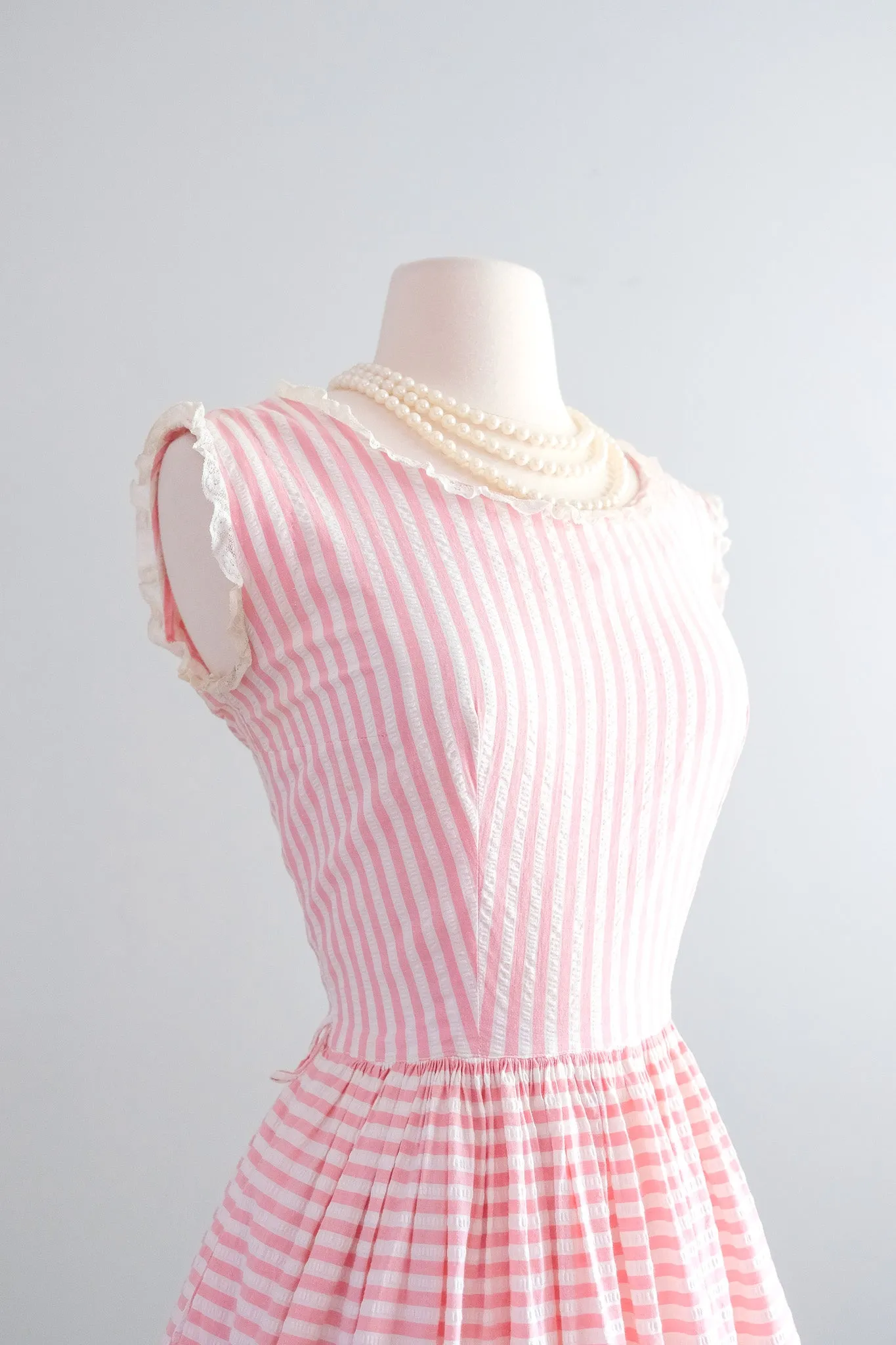 Darling 1950's Bubblegum Pink Stripes & Lace Cotton Dress / Sz M