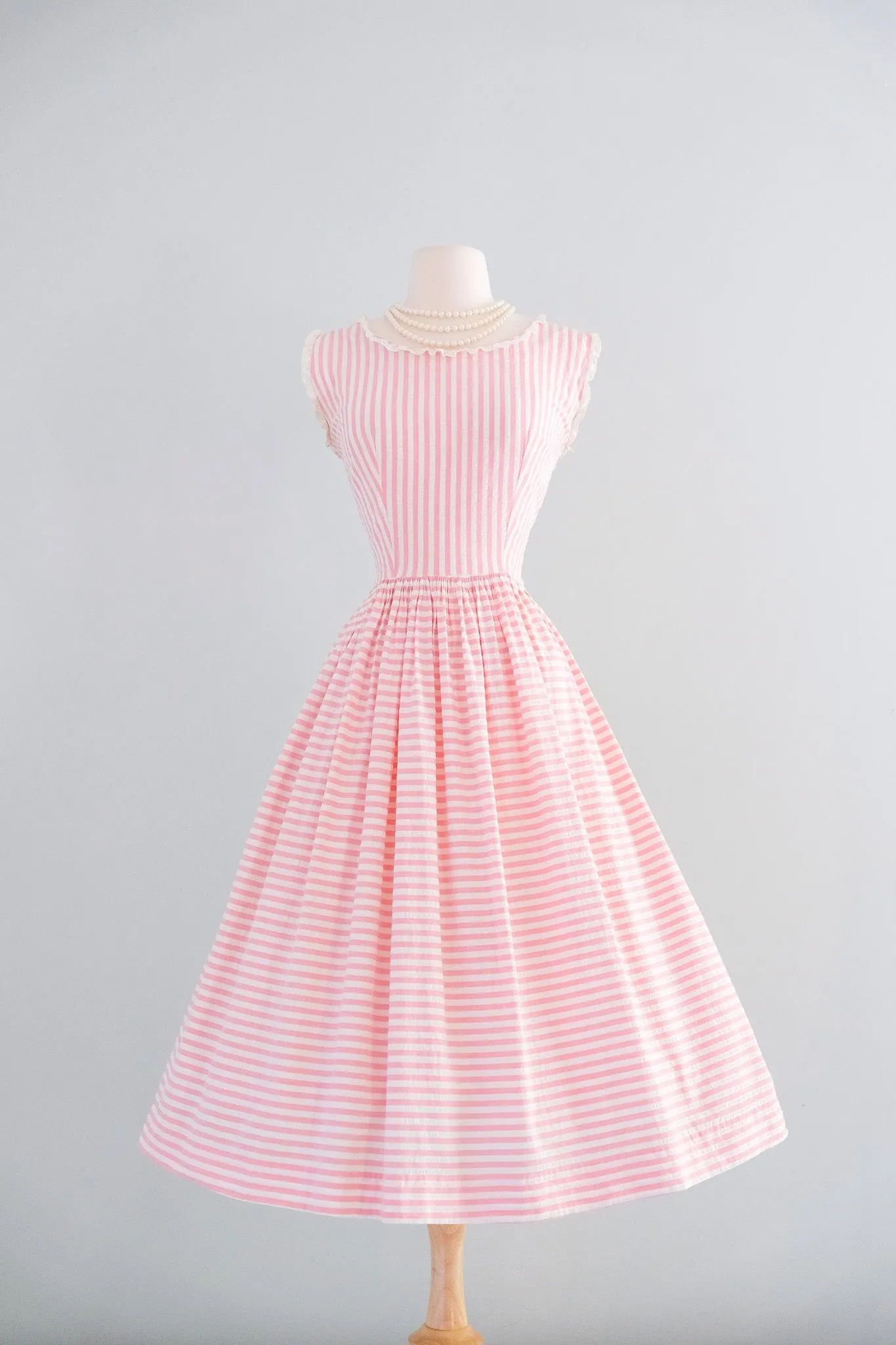 Darling 1950's Bubblegum Pink Stripes & Lace Cotton Dress / Sz M