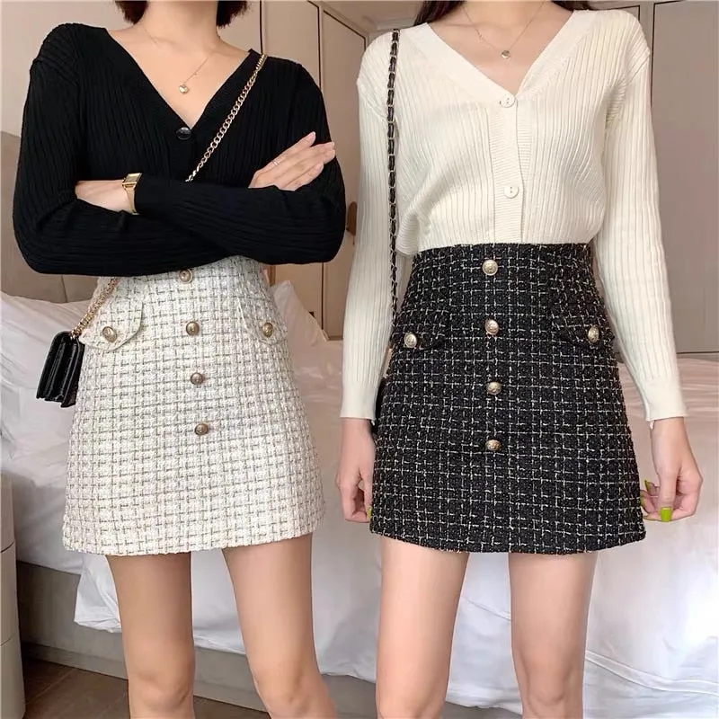 deanwangkt Plaid Tweed Skirts Office Lady High Waist Mini Skirt Woolen Clubwear Vintage Buttons Black White Zipper Shorts Skirt