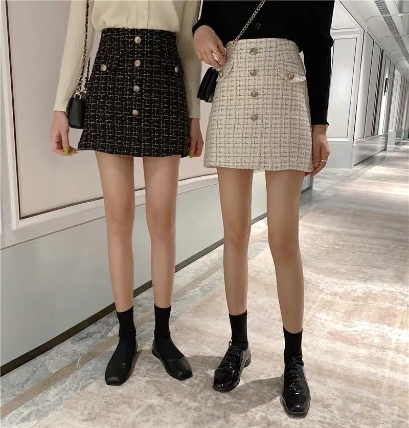 deanwangkt Plaid Tweed Skirts Office Lady High Waist Mini Skirt Woolen Clubwear Vintage Buttons Black White Zipper Shorts Skirt