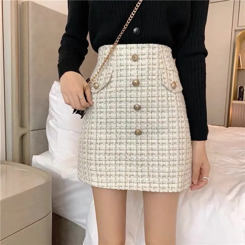 deanwangkt Plaid Tweed Skirts Office Lady High Waist Mini Skirt Woolen Clubwear Vintage Buttons Black White Zipper Shorts Skirt