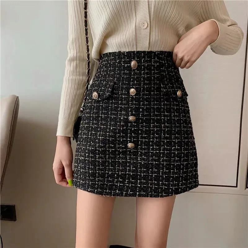 deanwangkt Plaid Tweed Skirts Office Lady High Waist Mini Skirt Woolen Clubwear Vintage Buttons Black White Zipper Shorts Skirt