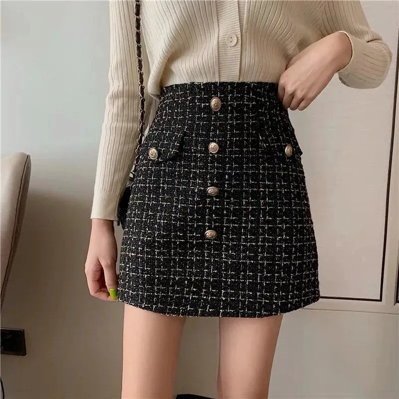 deanwangkt Plaid Tweed Skirts Office Lady High Waist Mini Skirt Woolen Clubwear Vintage Buttons Black White Zipper Shorts Skirt