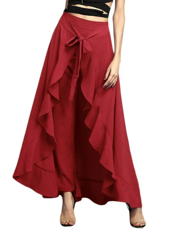 Fashion Navy Chiffon Tie-Waist Ruffle Wide Leg Loose Pants