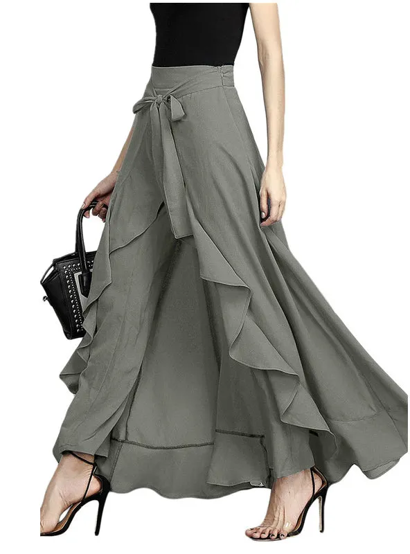 Fashion Navy Chiffon Tie-Waist Ruffle Wide Leg Loose Pants