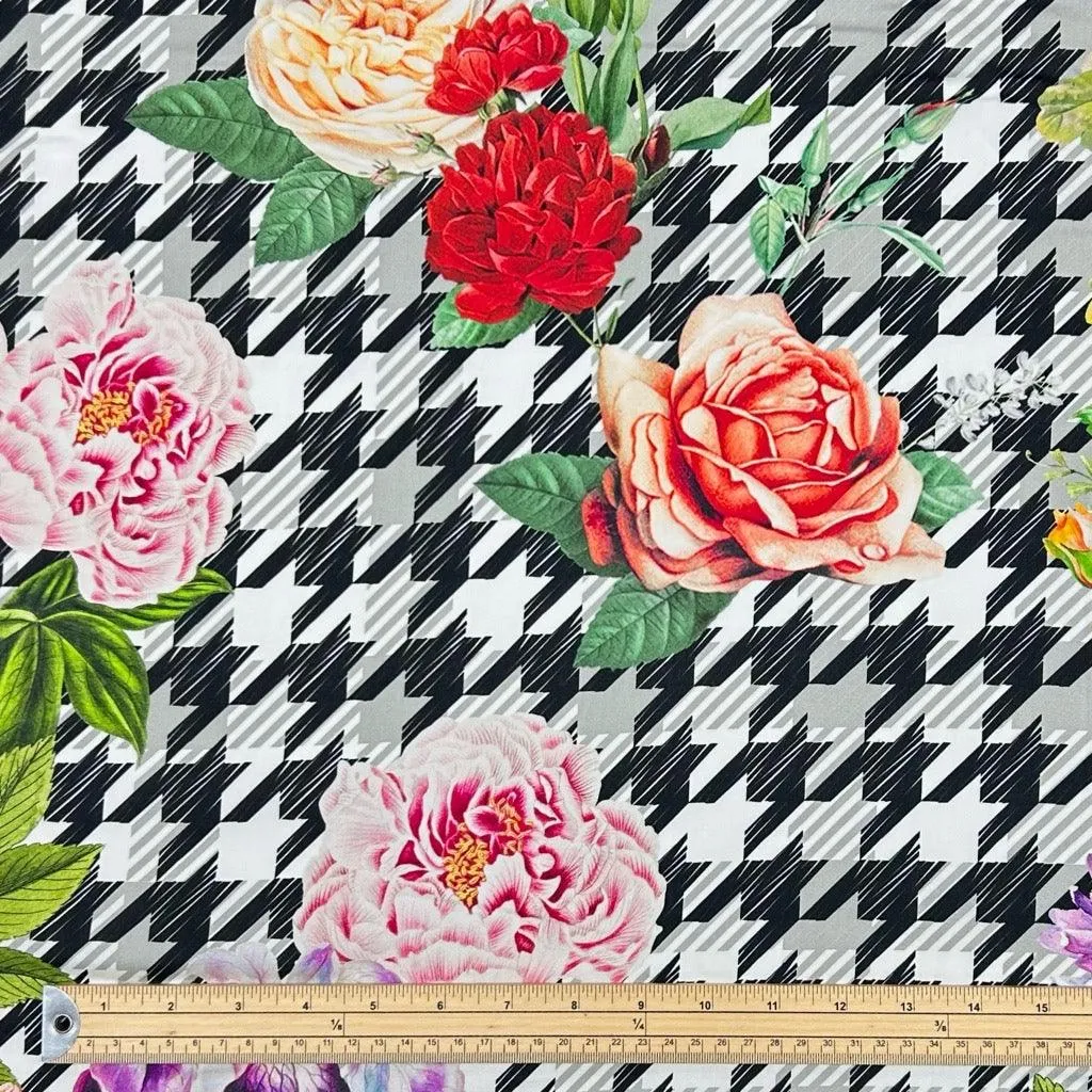 Flowers on Houndstooth Viscose Challis Fabric