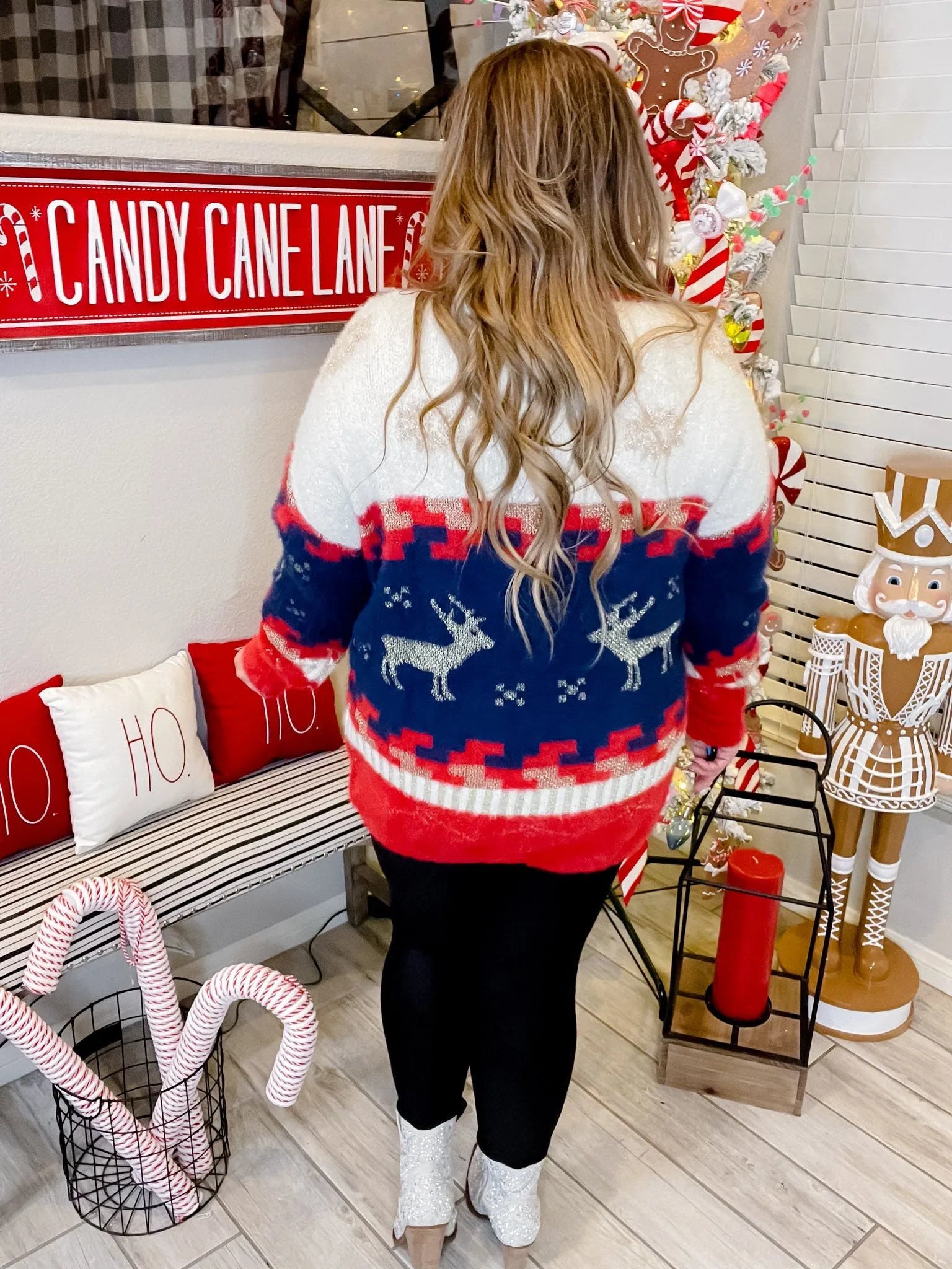 Fuzzy V-Neck Reindeer Snowflake Sweater FINAL SALE