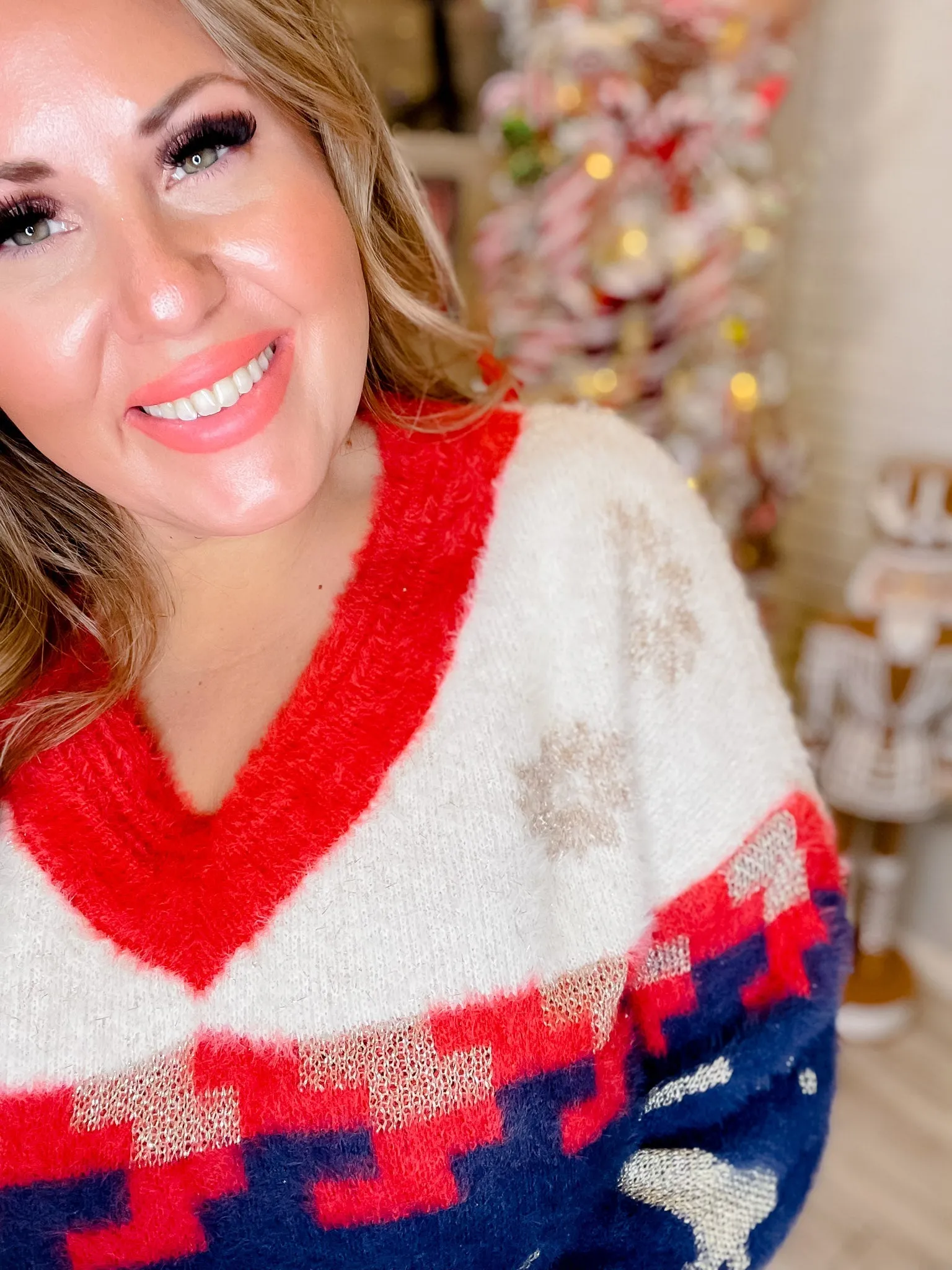 Fuzzy V-Neck Reindeer Snowflake Sweater FINAL SALE